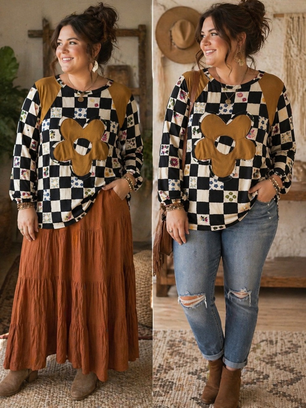 Celeste Checkerboard Floral Patch Long Sleeve Top